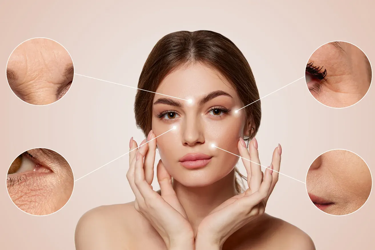 Female patient with highlighted skin areas, considering non-surgical and surgical aesthetic treatment options
