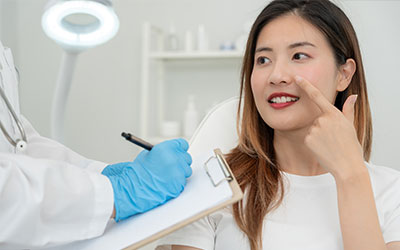 Woman attending a rhinoplasty consultation with a plastic surgeon.
