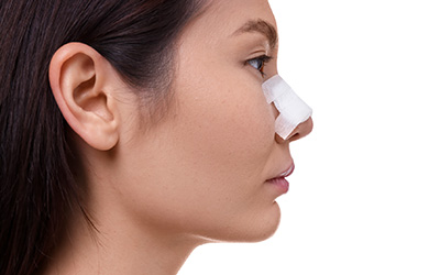 Woman with a protective bandage on her nose during recovery after plastic surgery.