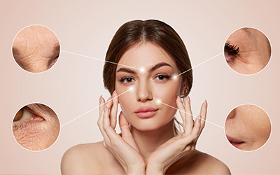 Female patient with highlighted skin areas, considering non-surgical and surgical aesthetic treatment options.