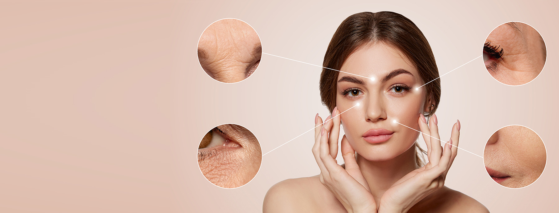 Female patient with highlighted skin areas, considering non-surgical and surgical aesthetic treatment options.