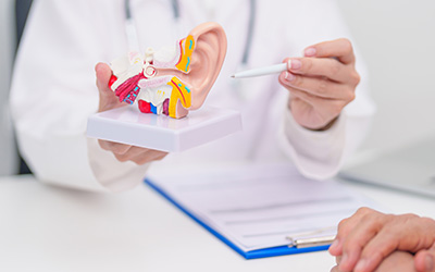 Plastic surgeon explaining to patient using ear anatomy model